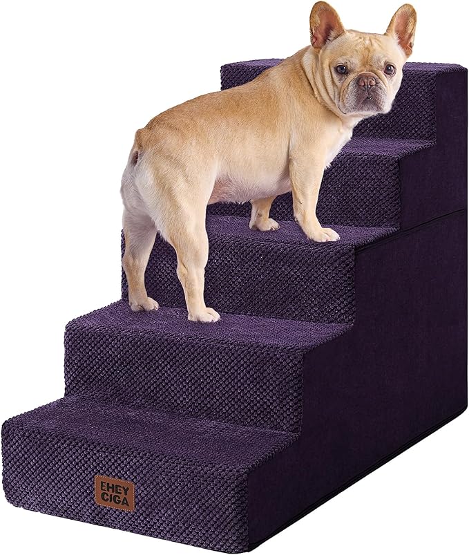 EHEYCIGA Dog Stairs for High Bed 22.5" H, 5-Step Dog Steps, Purple | Pet Steps for Small Dogs and Cats for Bed, Non-Slip Balanced Pet Ramp Indoor