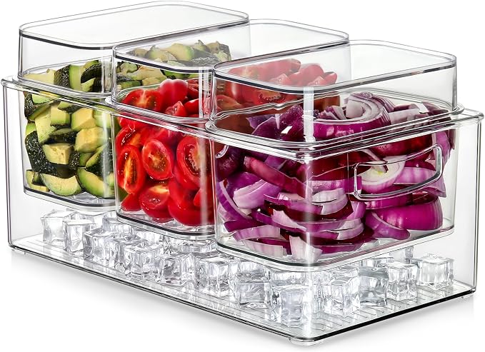 Hudgan Large Taco Bar Serving Set for Party with 3 Separate Containers, Mimosa Bar Accessories with Lids, Chilled Condiment Caddy Organizer for Salad, Fruit, Party Garnish (Pack of 2)