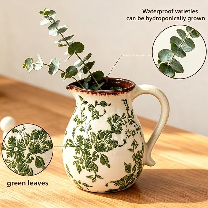 Farmhouse Ceramic Utensil Holder,6.1"Kitchen Counter Utensil Holder | Ceramic Utensil Organizer with Handle for Kitchen Countertop, Vintage Rustic Crock for Home Decor, Flower Pot, Spoon Tools