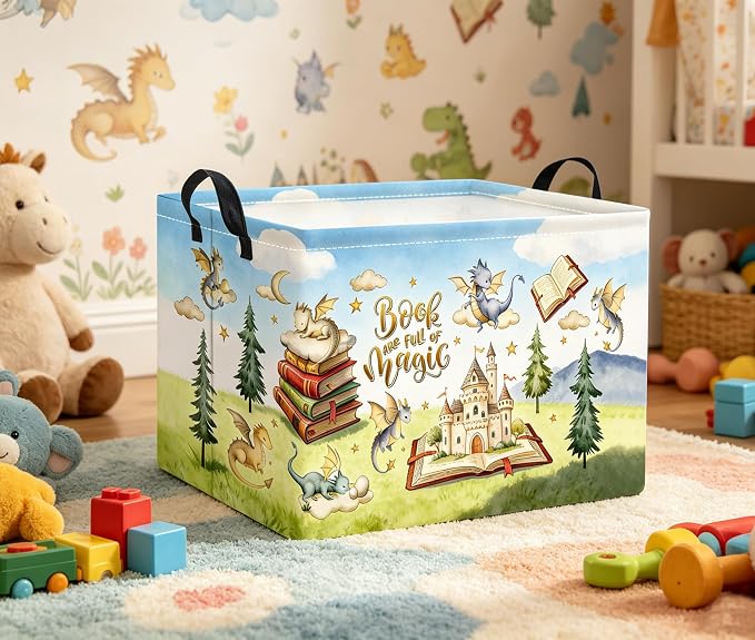 Rectangular Baby Kids Storage Basket for Home Kitchen Girls Cute Toy Storage Bin Organizer Shelf Book Room Decor(Magic Dinosaur)