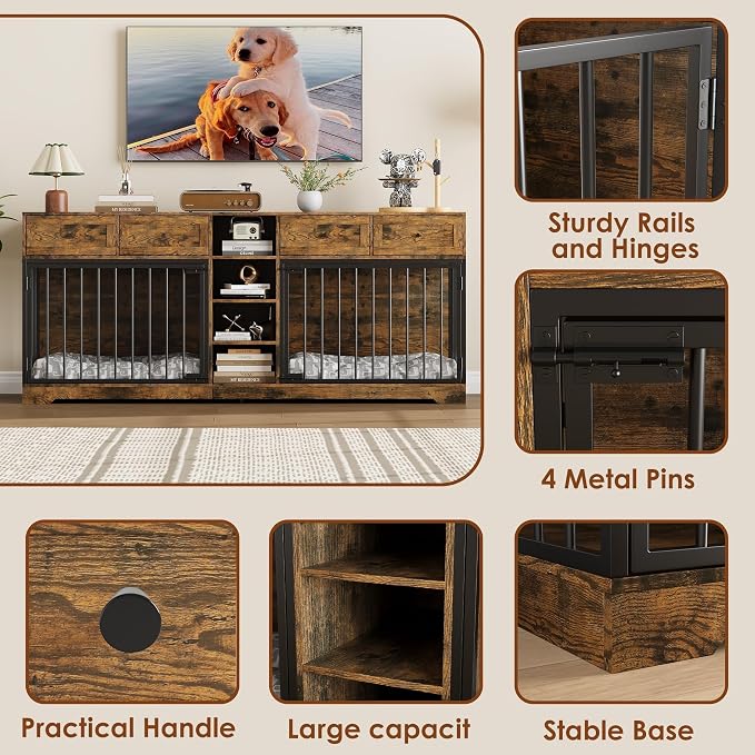 82" Wide Double Dog Crate Furniture for 2 Large Dogs - Heavy Duty Wooden Indoor Kennel TV Stand with 4 Storage Drawers & Open Shelves - Extra Large Pet Bed, Rustic Brown, Classic Color