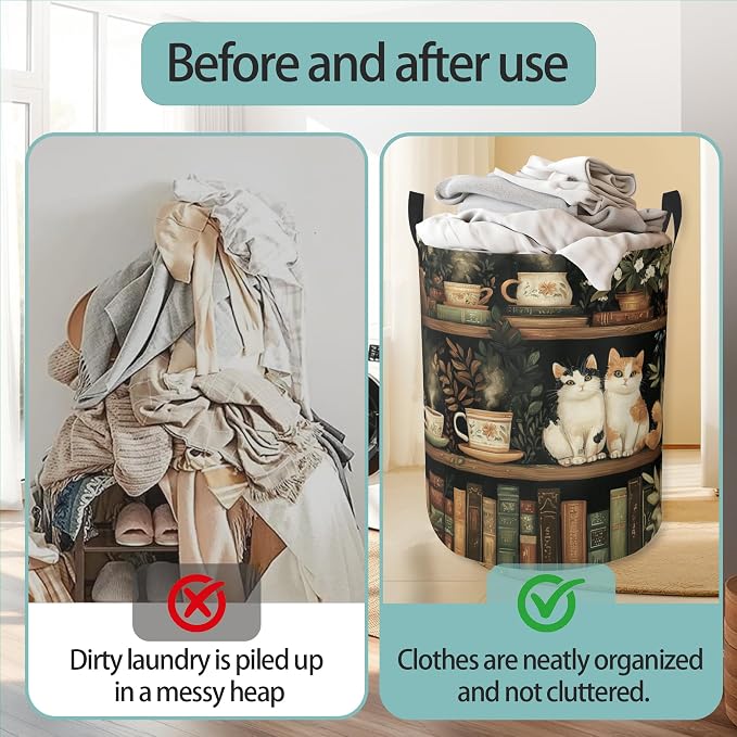 Cat Bookshelf Round Laundry Hamper Storage Basket Toys Clothes Organizer Bin For Home Bathroom Bedroom Dorm Nursery