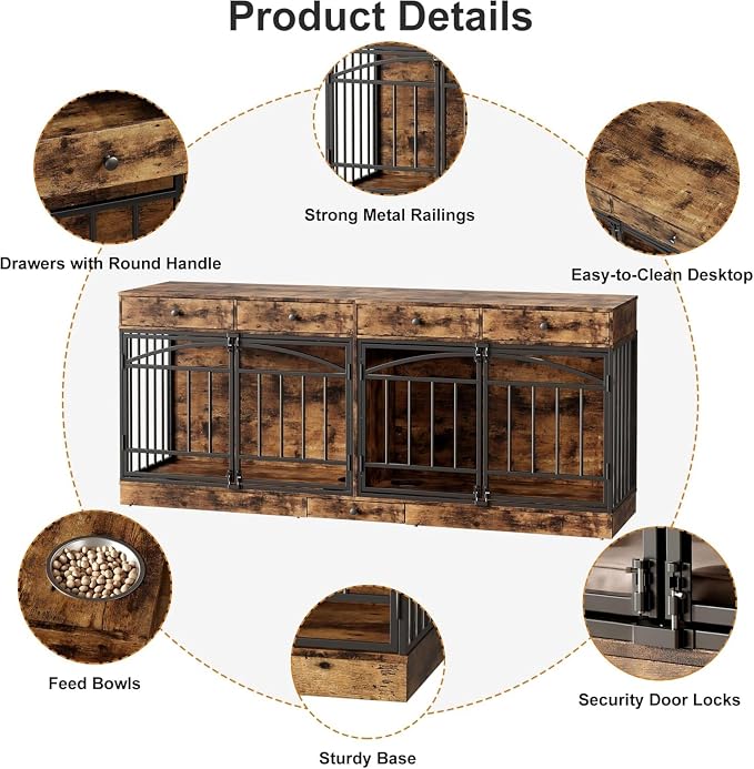 Dog Crate Furniture for 2 Dogs, Double Dog Crate TV Stand, Brown | 78.7'' Large Dog Kennel Indoor, 4 Storage Drawers and Feeding Bowls, Pet Kennel for Small and Medium Dogs