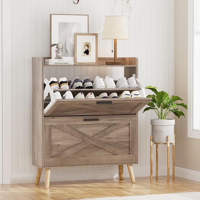 Homleke Farmhouse Shoe Storage Cabinet with Flip Drawers & Barn Door Design | Slim Narrow Shoe Rack Cabinet with Adjustable Shelves & Hidden Storage for Entryway, Foyer, Hallway, Living Room, Greige