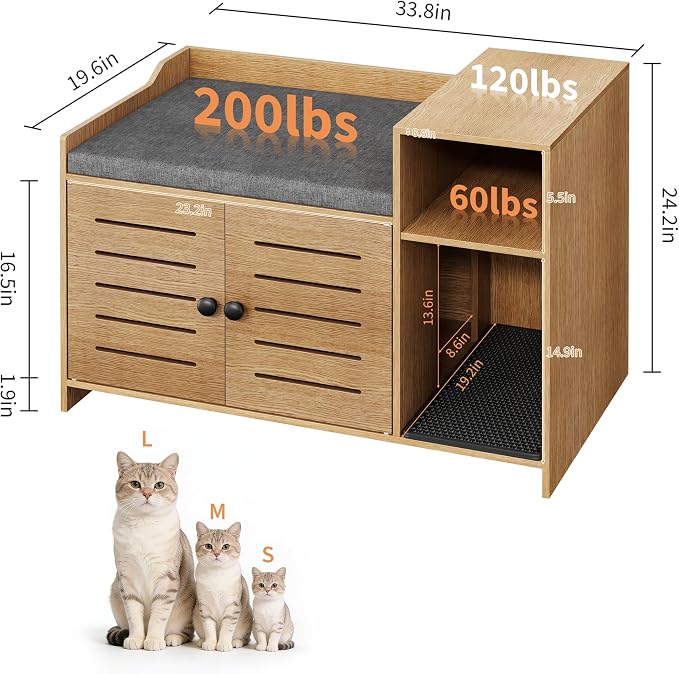 Cat Litter Box Enclosures, Large Hidden Cat Litter Box Furniture with Double Door, Wooden End Table Litter Box Cabinet with Storage Shelf, Cushion & Litter Mat, Dog Proof Design, Modern Cat House