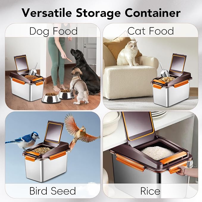 Newget 11 lb Stainless Steel Dog Food Storage Container with Scoop, Brown | Keep Food Fresh, Sturdy, Airtight, Rust-Proof, Insect-Proof, Moisture-Proof, Easy to Use, Suitable for Store All Pet Food
