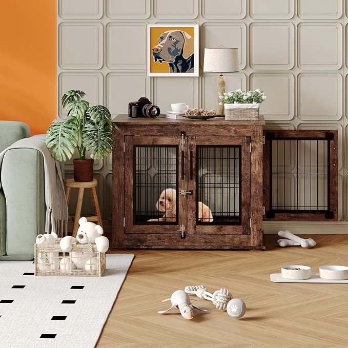 Farmhouse Dog Crate Furniture End Table - Heavy Duty Wooden Kennel Cabinet with Double Doors for Small/Medium Dogs, Rustic Brown Indoor Dog House Furniture Console for Living Room