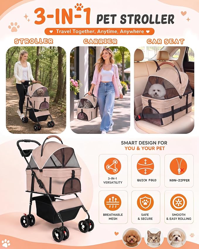 Pet Stroller, 3 in1 Foldable Dog Cat Stroller with Detachable Carrier-Khaki | 35lbs Lightweight Foldable Dog Stroller, All-Terrain 4 Wheels, Compact Travel Pet Stroller for Small to Medium Pets