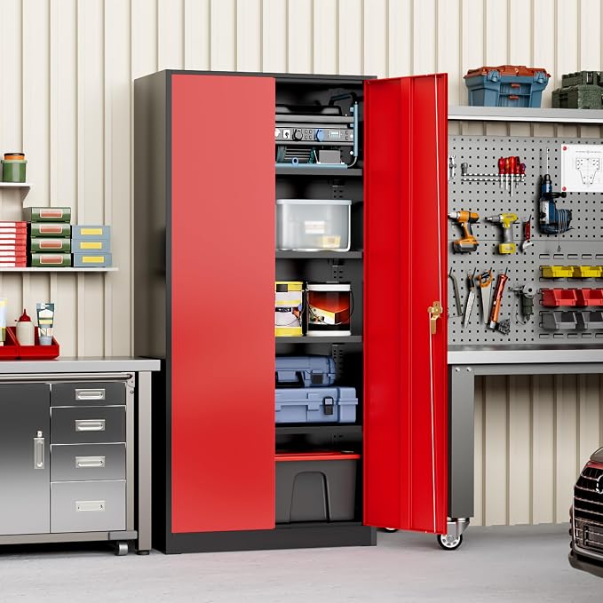 Greenvelly Metal Storage Cabinet with Doors and Shelves, 72" Inch Locking Metal Cabinet,Garage Storage Cabinet for Garage Office School Warehouse (Black Red)