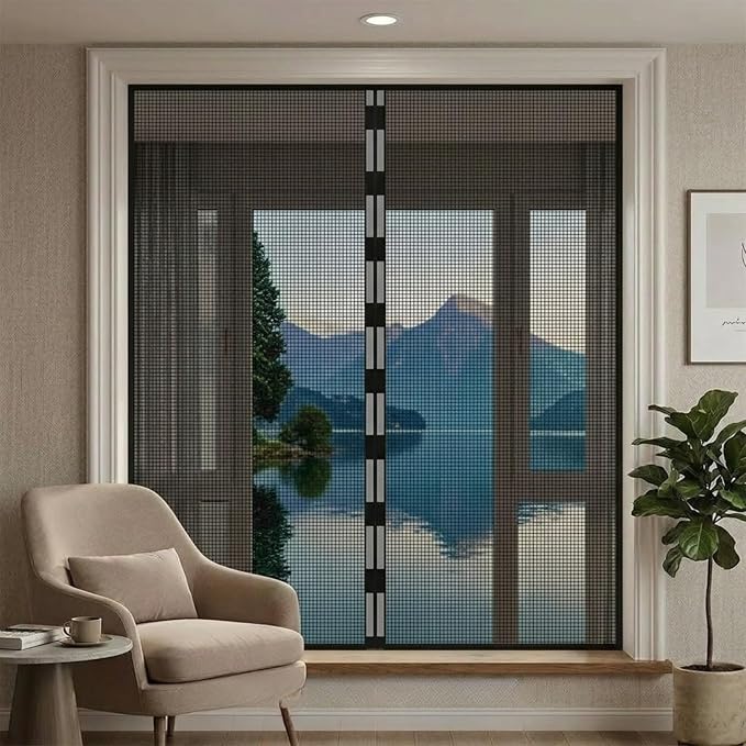 Magnetic Fiberglass Mesh Window Screen Washable, Hook and Loop Window Screen Magnetic Closure for Bedroom Kitchen Temporary, Keep Bugs Out Pet Protection Self-Adhesive Screen(Black,26x39in)