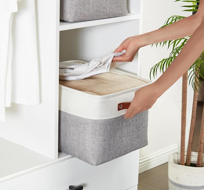 DECOMOMO Storage Bins, Large Fabric Storage Baskets for Shelves 1 Pack | 15 x 11 x 9.5 inches Decorative Linen Closet Organizers (Grey & White)