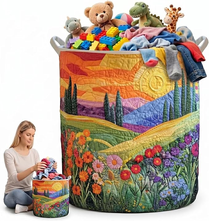 Boho Floral Quilted Laundry Basket with Handles, Soft Large Storage Hamper for Bedroom & Closet(14"x 18")