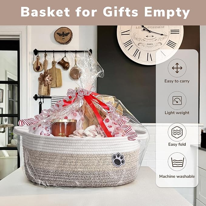 Medium Woven Rope Dog Toy Basket with Paw Print, Mixed Brown | 13.6"x 10" x 6", Cotton Rope Dog Toy Bin & Box, Gift Basket Empty With Handles, Storage Basket for living Room Bedroom