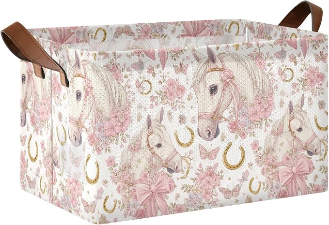 Girly Pink Bow and Floral Horse Storage Basket Foldable Cube Storage Bins with Handles&Labels Waterproof Collapsible Organizer Box Bin Large Rectangle Baskets for Shelves Home Living Room Closet