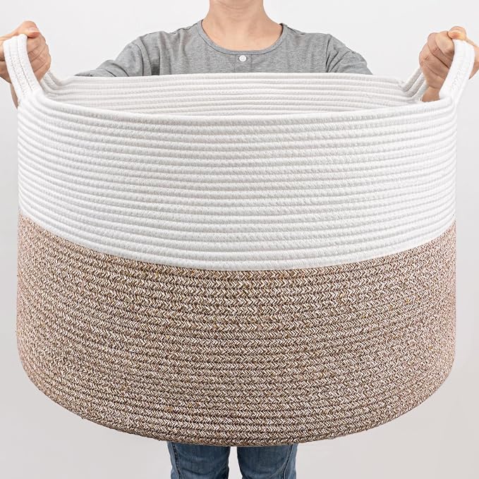 Goodpick Large Woven Blanket Basket Living Room & Playroom, 85L | 21.7 x 21.7 x 13.8 In Storage Basket for Toys Shoes, Cute Baby Laundry Hamper for Towels, Clothes, Mele