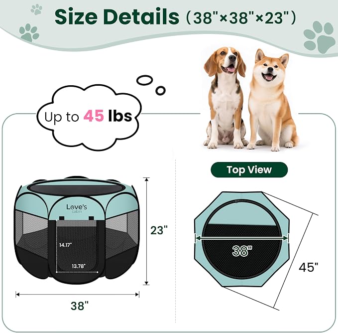 Love's cabin Pet Puppy Dog Playpen, Large Dog Tent Crates Cage Indoor/Outdoor, Portable Playpen for Cat, Foldable Pop Up Dog Kennel Playpen with Carring Case, Removable Zipper Top, Green