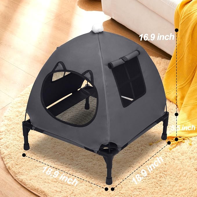 Pozico Elevated Pet Bed with Breathable Mesh for Small Cat and Dog, Raised Cooling Pet Cot for Puppy and Kitty, 18.9x18.9 inch (Dark Gray Bed with Canopy)