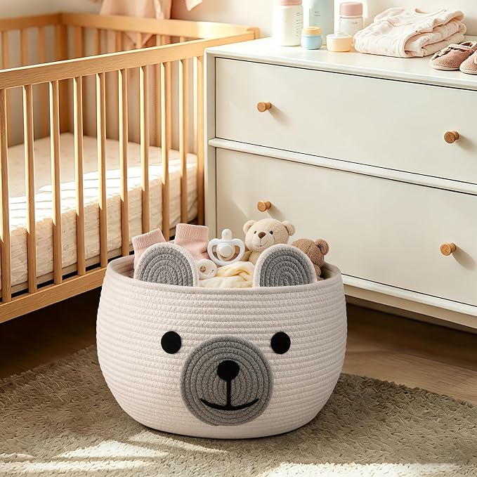 CherryNow Large Baby Basket for Gifts Empty, Cute Bear Design, White | 15.7" x 10.5" Baby Shower Basket With Handles, Cotton Rope Basket for Toys Diaper Caddys Storage, Fits Living Room Nursery