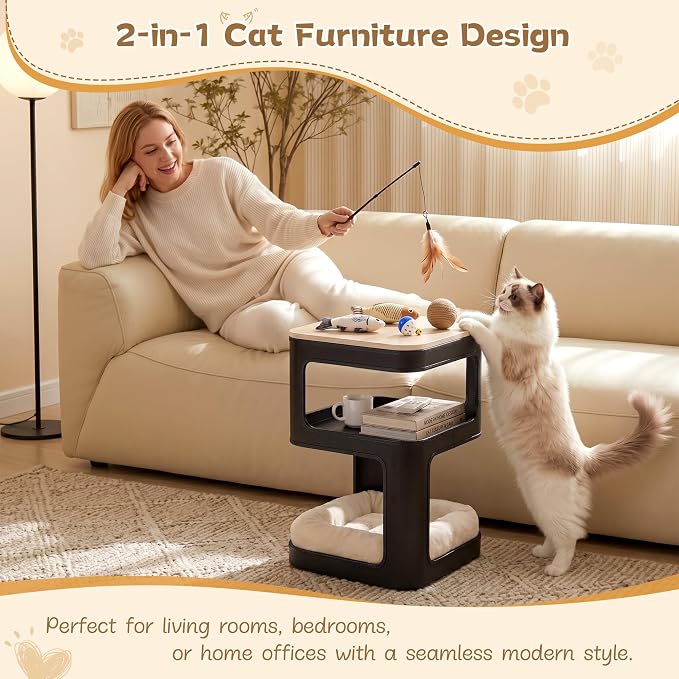 EUREKA ERGONOMIC Side Table Cat Beds, Square End Table with Cat House, Metal Nightstand with 3 Tier Storage, Modern Side Table End Beside Table for Living Room Bedroom Indoor, Easy Assembly, Black