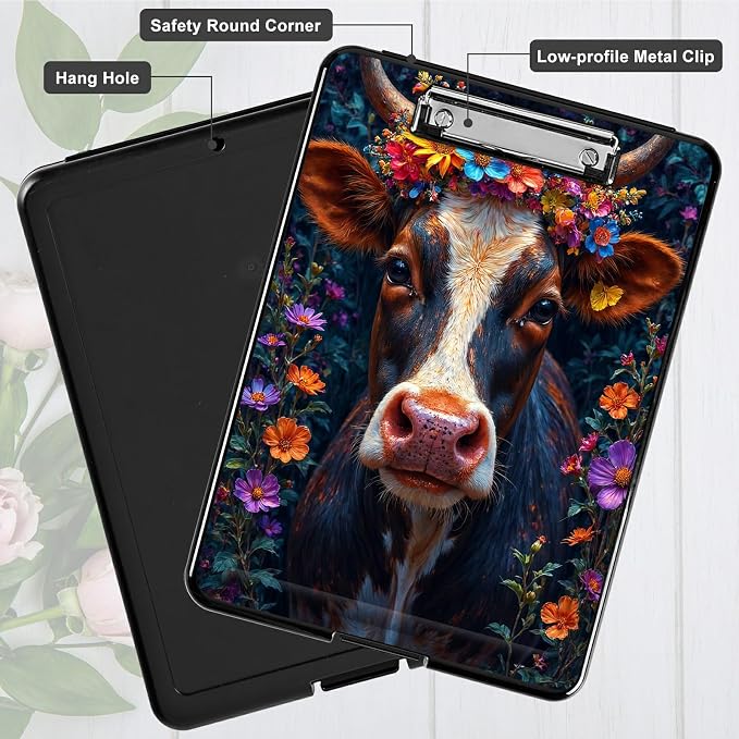 Heavy Duty Storage Clipboard, Slim Nursing Clipboard with Internal Pen Case, Portable File Organizer Case for A4 Letter Size Paper Office Medical Professionals, Black White Cow Flower
