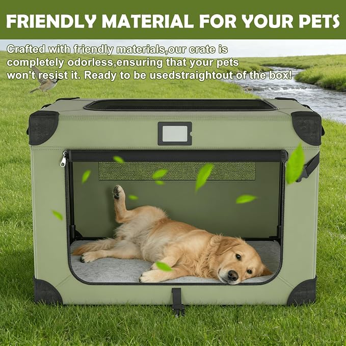 42 Inch Travel Collapsible Dog Crate Green with Signature Card，Storage Bag | Chew-Proof Mesh Window,Sturdy Frame,Soft Blanket & Foldable Bowl,Waterproof & Easy to Clean,Portable for Camping，Mesh Windows