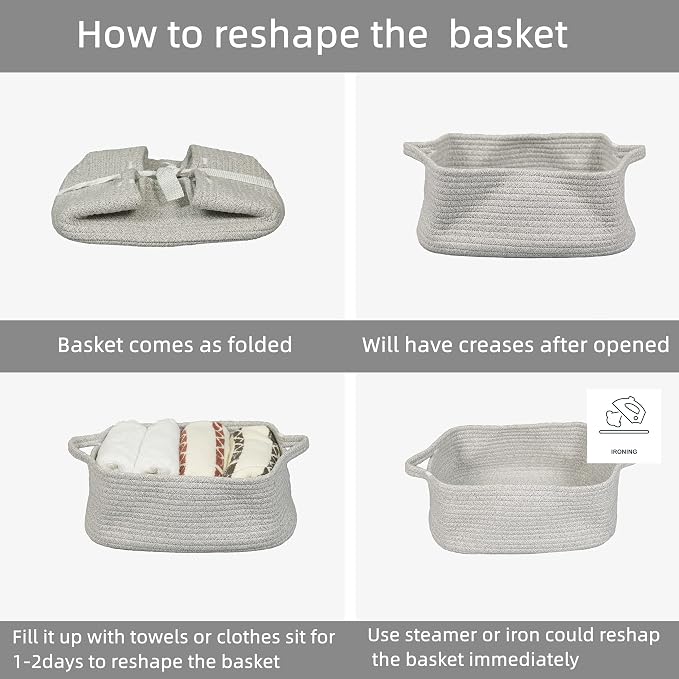 XUANGUO Medium Woven Cotton Rope Storage Basket with Handles, Light Grey | Small decorative rectangle storage bin for baby nursery items and cat toys; ideal as an empty gift basket or dog toy basket