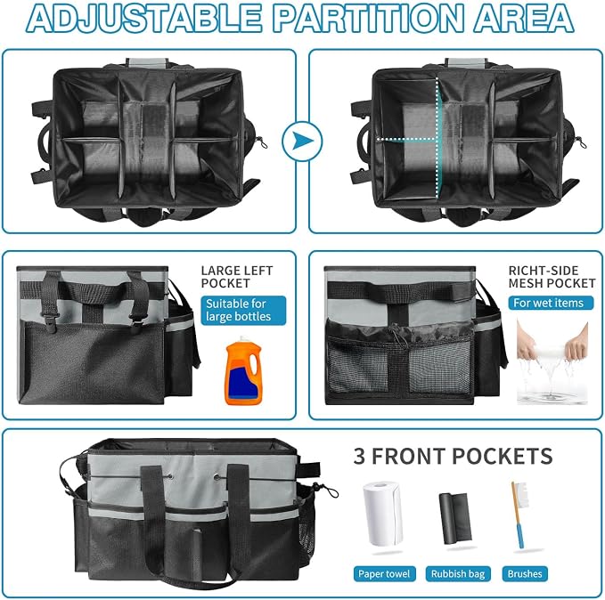 Cleaning Tool Organizer Bag with Handles, Cleaning Caddy, Grey | Cleaning Bag for Housekeepers,Detachable Shoulder Strap & Dividers, for Car Detailing, Housekeeping, Cleaners