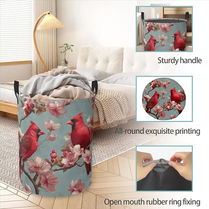 Laundry Basket With Handle, Dirty Clothes Laundry Hamper, Oxford Cloth Bin Storage Organizer for Toy Collection (Spring Cardinal Bird)