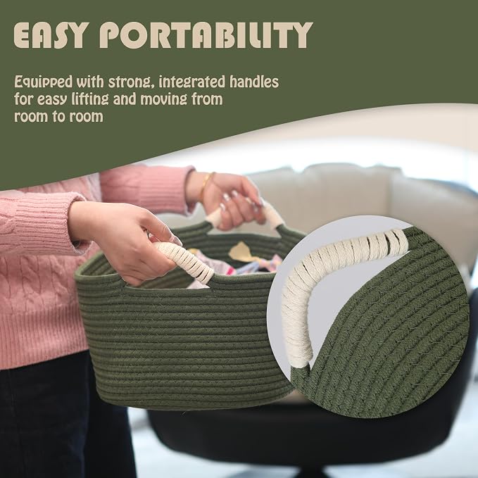 Sea Team Dog Toy Storage Basket with Handles, Green Woof | Large Cotton Rope Storage Bin, Shelf Basket, Organizer for Pet Chew Toys, Foods, 16.5 x 11 x 7 Inches, 4.4 Gallons