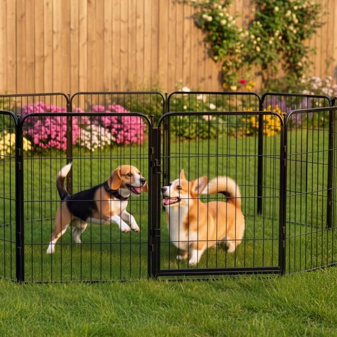 Dog Play Pen for Outdoor Use - 40'', 8 Panels for Medium and Large Size Dogs - Portable Playpen Kennel for RV, Camping, and Yard - Heavy Duty Pet Fence w/Black Rust Resistant Coating