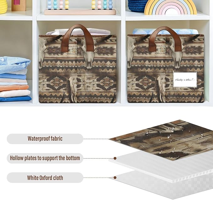 Rustic Western Bull Skull Storage Bins for Shelves with Labels&Handles Fabric Organizer Bin Foldable Rectangle Storage Basket Boxes for Closet, Bathroom, Home, Living Room