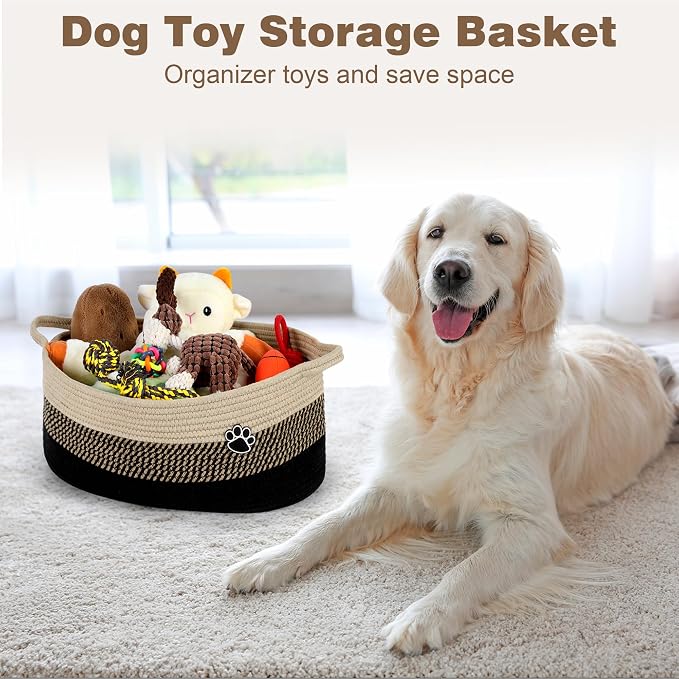 Optish 25L Dog Toy Basket,16.5" x 11" x 9" Medium Toy Storage Box and Bin with Handles, Woven Rope Foldable Basket for Blankets, Living Room, Bedroom, Home Decor, Black & Brown
