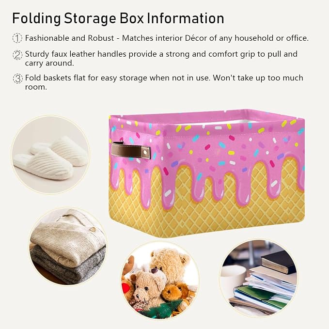 Wamika Ice Cream Drip Baseball Storage Basket with Waterproof Liner and PU Handles Purple Pink Storage Bins Boxes 14.2" Collapsible Decorative Organizer Baskets for Bedroom Closet Office 1 Pack