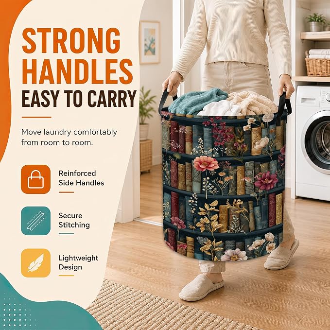 Vintage Bookshelf Flowers Laundry Basket,Foldable Oxford Laundry Hamper with Handles,Portable Clothes Tote Bag Clothes Storage Bucket Organizer 20.8" x16" For Bathroom/Laundry Storage/Bedroom