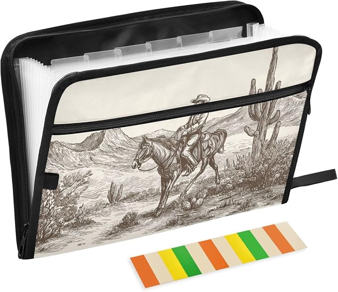 Cowboy Riding in Desert Expanding File Folder with Sticky Labels, 13 Pockets Accordion File Folder Document Organizer Expandable Zip File Folder with Zipper Closure