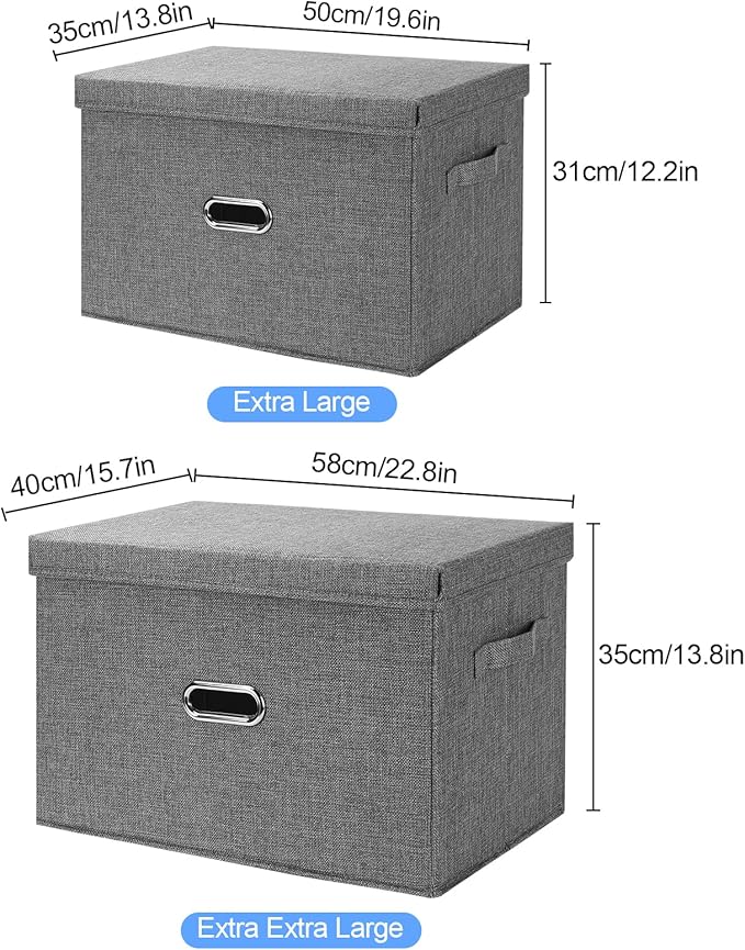 Large Linen Fabric Foldable Storage Bins with Removable Lid and Handles, Washable Storage Box Organizer Containers Baskets Cube with Cover for Bedroom,Closet,Nursery (Grey, XXL(2-Pack))