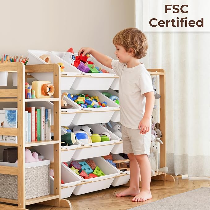 Toy Storage Organizer with Bookshelf and Stuffed Animal Storage - Kids Playroom Organization with Shelves and 12 Toy Bins - Toddler Living Room Toy Box for Lego - Nursery Bedroom Decor Essential