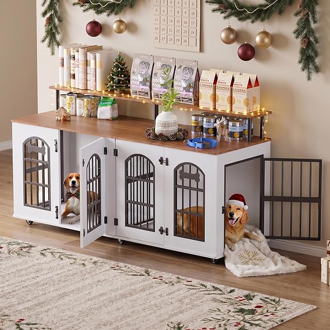 Petrova 63" Dog Crate Furniture for 2 Dogs, Heavy Duty Double Dog Crates for Small/Medium Dogs, Wooden Dog Cage with Removable Divider, Storage Compartment and 6 Lockable Wheels, Beige
