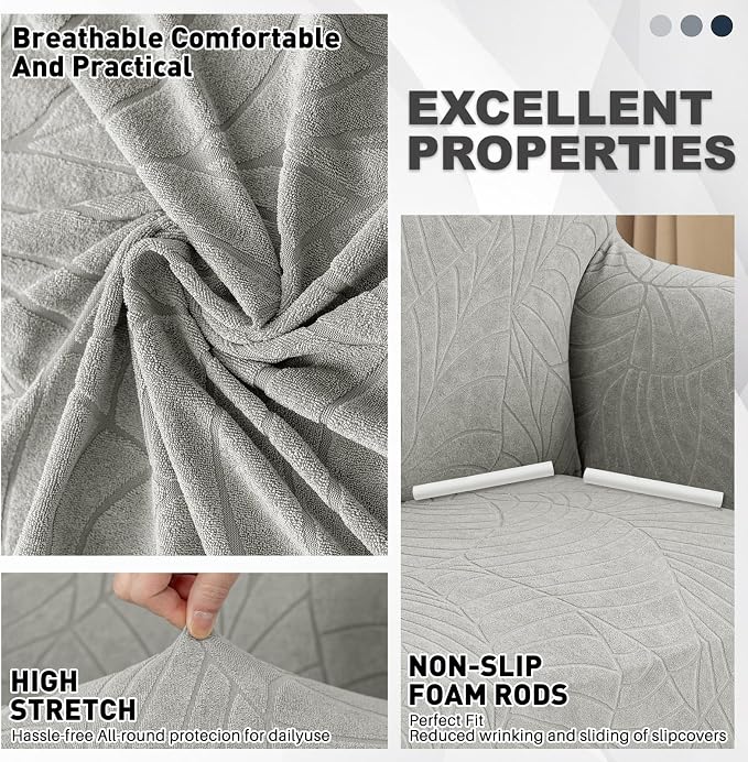 YEMYHOM Couch Cover Latest Jacquard Design High Stretch Sofa Covers for 3 Cushion Couch, Pet Dog Cat Proof Slipcover Non Slip Magic Elastic Furniture Protector (Large, Begonia Leaf Light Gray)