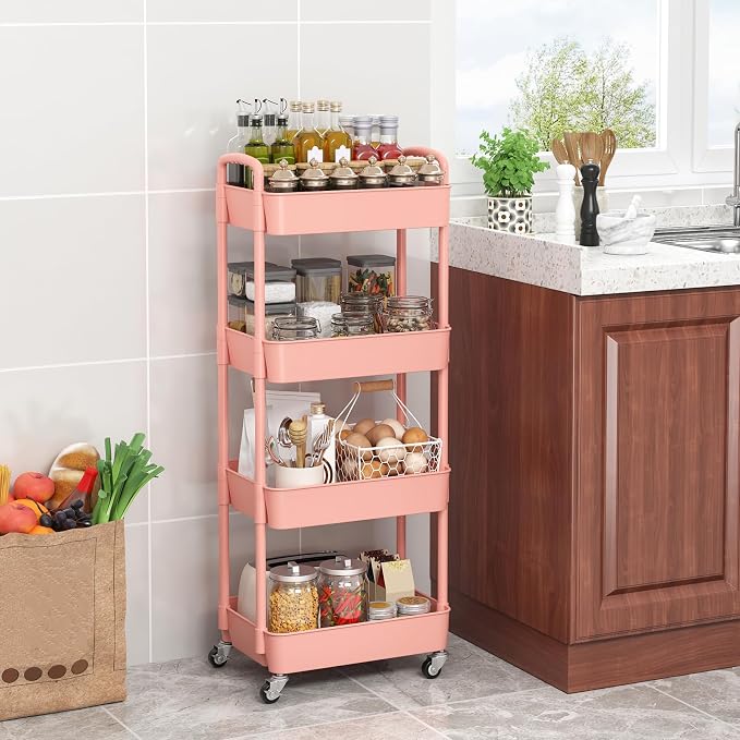 Sywhitta 4-Tier Plastic Rolling Utility Cart with Wheels for Storage, Pink | Multi-Functional Storage Trolley, for Office, Living Room, Kitchen, Bathroom,Movable Organizer,Space-Saving,Easy to assemble