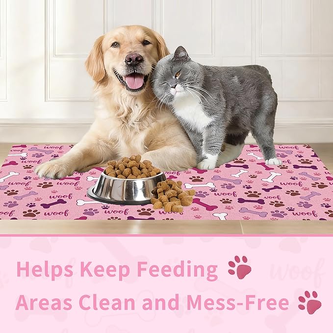Dog Feeding Mat 30 x 17 Inch, Pink Paw Bone Woof Dog Placemat Absorbent Quick-Dry for Food and Water, Waterproof Non Slip Rubber Pet Bowl Pad Mat for Floors
