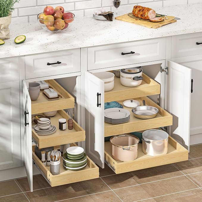 WelFurGeer 3-Tier Pull Out Cabinet Organizer with Soft Close, Heavy-Duty Pull Out Drawers for Cabinets, Slide Out Shelf for Kitchen, Pantry, Bathroom & Under Sink, Solid Birch Wood