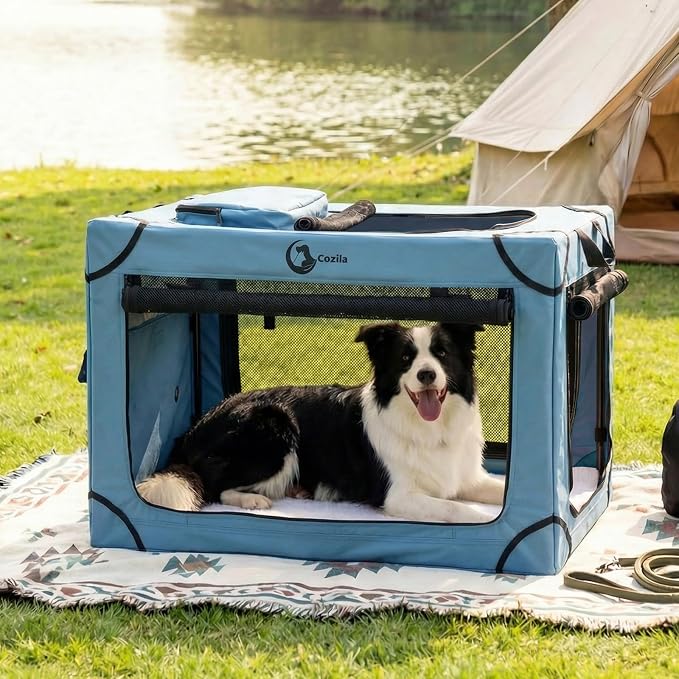 Portable Collapsible Soft Dog Crate for Large Dogs, 36in Blue | Oxford Cloth Travel Camping dog kennel with 4 Mesh Windows & 2 Storage Pockets,for Indoor & Outdoor Use
