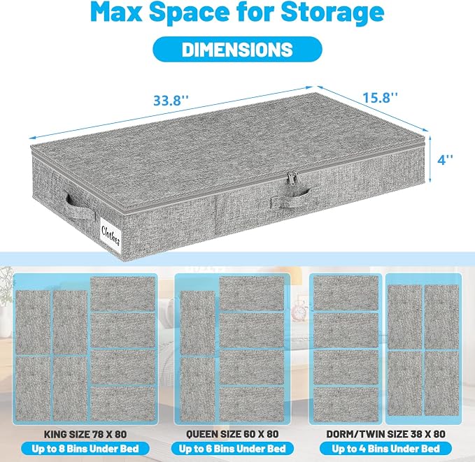 Under Bed Storage Container Bins 2 Pack, 4 Inch Thin Low Profile Underbed Clothes Storage Organizer for Dorm & Home, Use for Blanket and Toy Storage Box W/ Sturdy Bottom/Sides, Foldable Thick Fabric