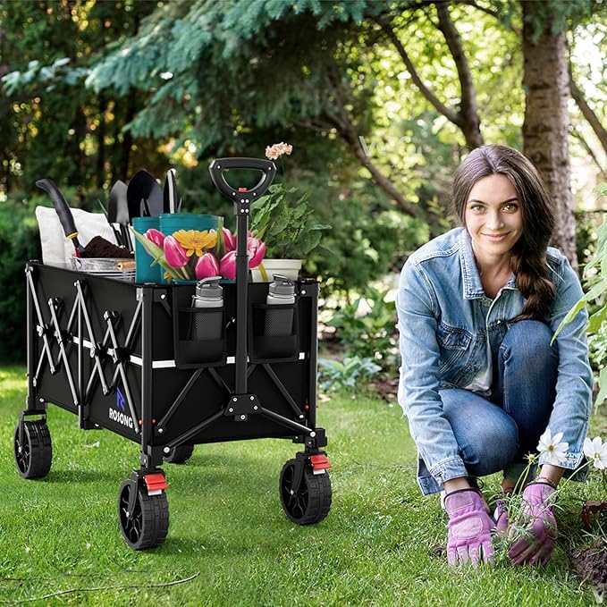 ROSONG Collapsible Wagon Cart with Wheels Foldable - Folding Utility Heavy Duty Wagons Carts for Grocery Sports Garden Shopping Camping Wheelbarrows (Black, 150L)