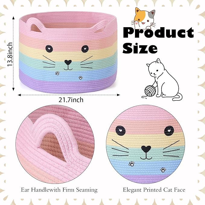 Zopeal Cat Storage Basket Woven Organizer with Ears Decorative Gift Cute Cotton Rope Pet Toy Basket for Gift Cat Dog Toy Bin Nursery Room(21.7 x 13.8 Inch,Macaron Color)