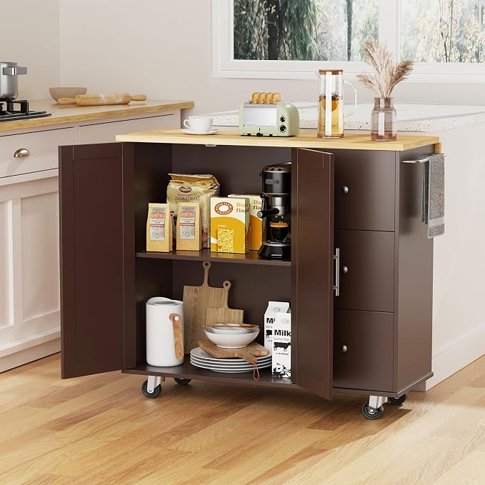 QAQA 40" Kitchen Island Cart Furniture cart on Wheels Rolling Portable Dining Room Serving Utility Carts Mobile Movable with Drawers Cabinet,Brown