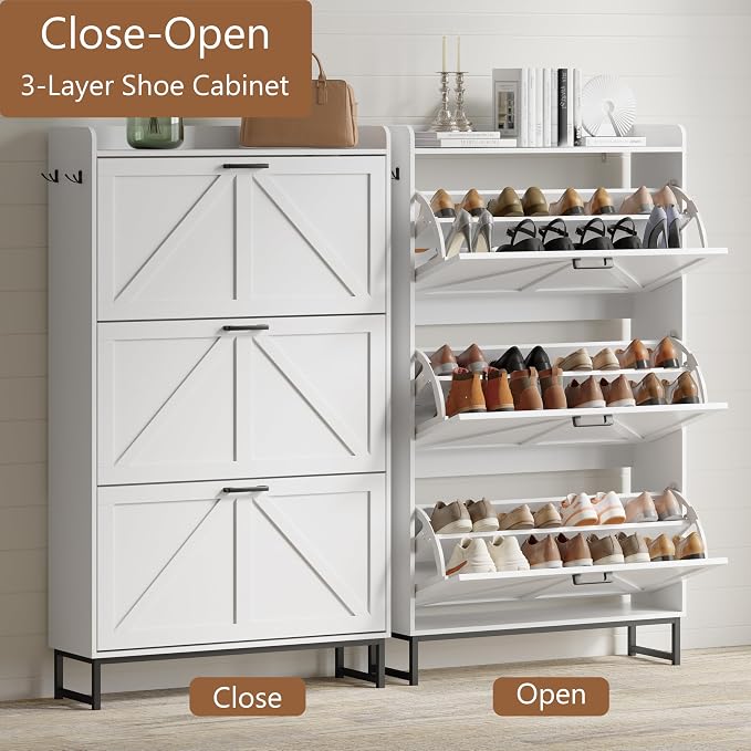 Xixini Shoe Storage Cabinet with 3 Flip Drawers, Entryway Shoe Rack, White | Freestanding Narrow Shoe Storage, Hidden Slim Wood Shoe Organizer, Modern Farmhouse, Open Storage & Hooks for Closet, Hallway