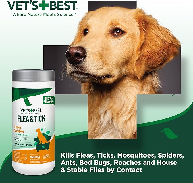 Vet’s Best Natural Flea and Tick Wipes for Dogs, Plant-Based Wipes for Flea and Tick Prevention Certified Essential Oils, Pest Control for Kennels and Home Use, Made in USA, 50 Count