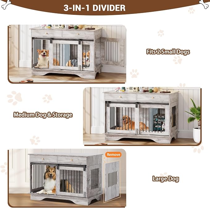 Garvee 47" Large Dog Crate Furniture, Wooden Dog Kennel End Table | with 2 Storage Drawers, Removable Divider & Sliding Door, Heavy Duty Decorative Pet Cage for Small, Medium, Large Breeds